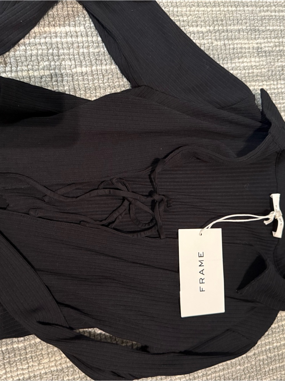 Frame Denim Black Ribbed Front-Tie Long Sleeve Top